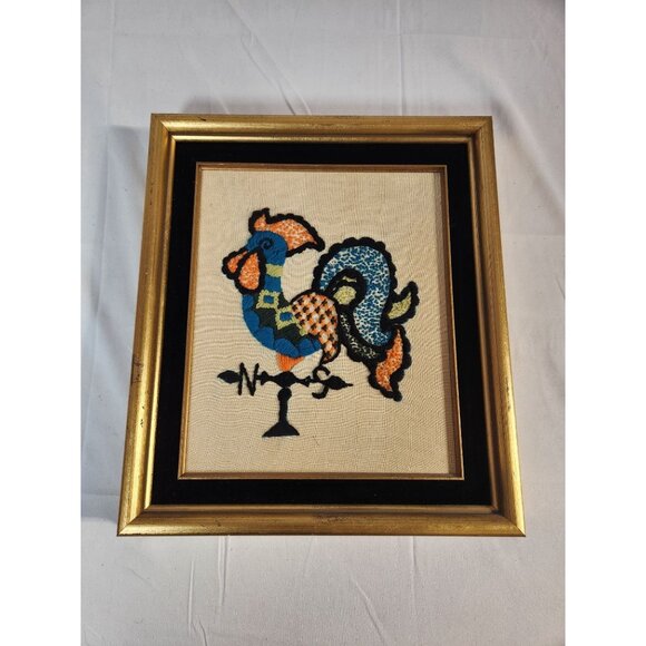 VTG MCM Signed Crewel Embroidery Vibrant Rooster Weathervain Art 15 x 13 - Picture 1 of 4